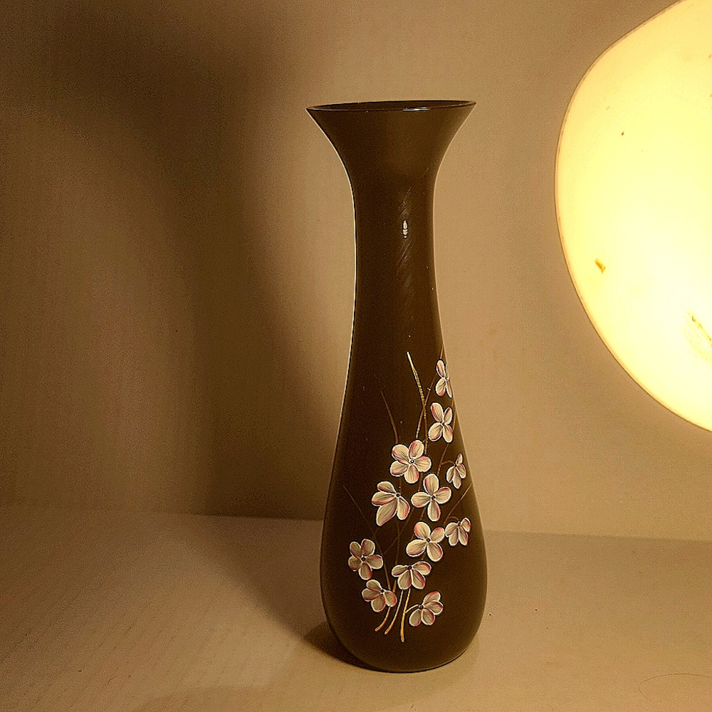 Black flower vase with handpainted pink and white flowers unbranded